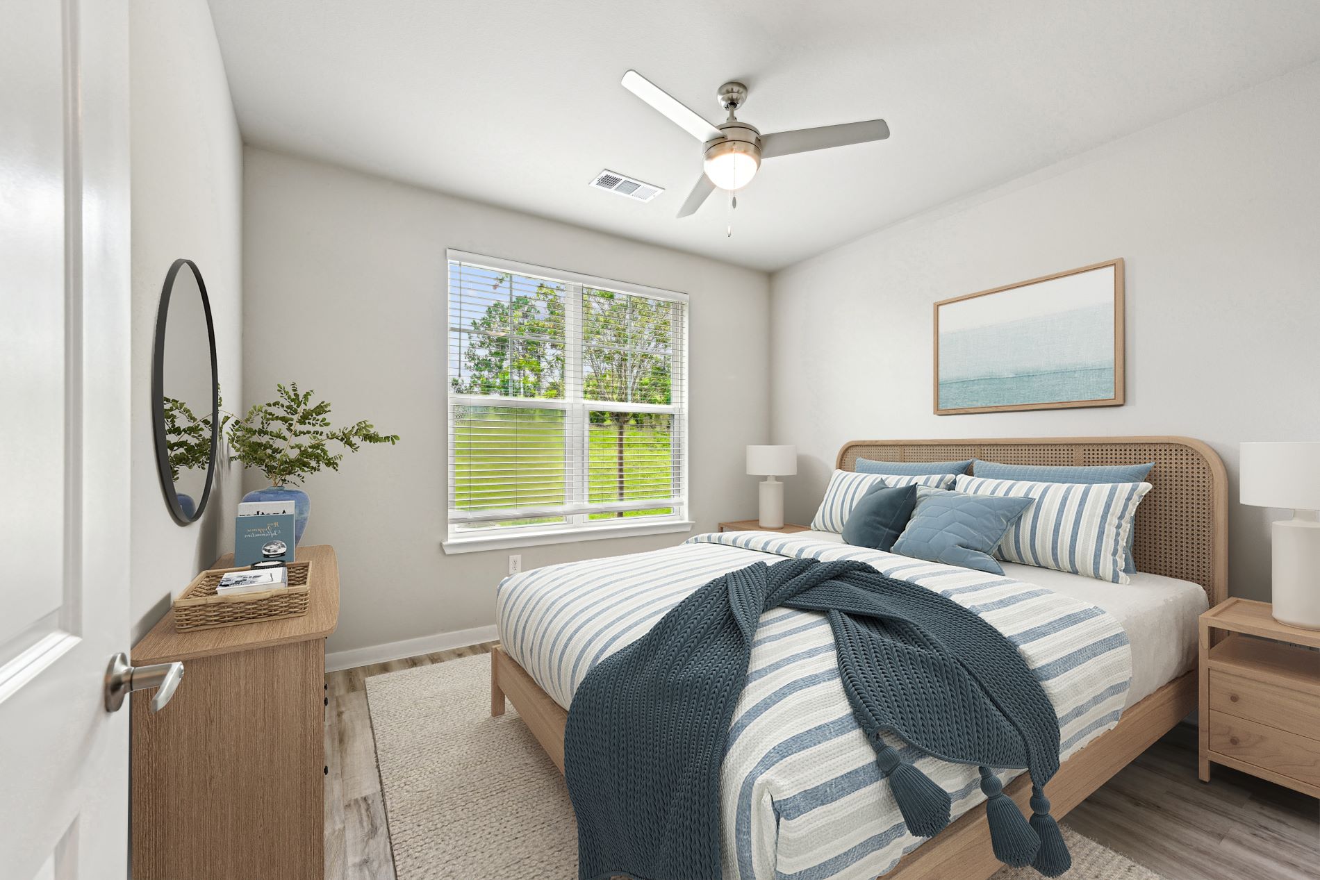 Bedroom with large window ceiling fan light fixture, kind size bed with white beddings, wooden dresser